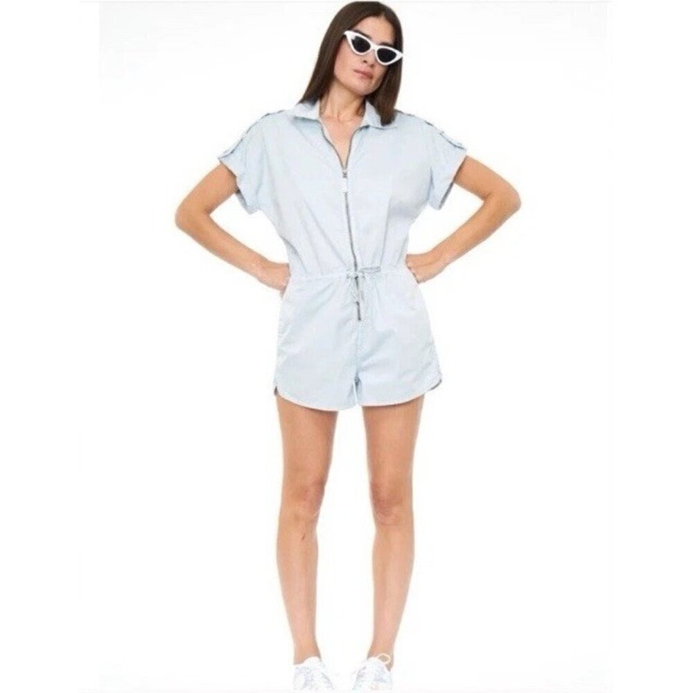 Pistola Women's Sz S Meg Zip Front Light Blue Short Sleeve Romper